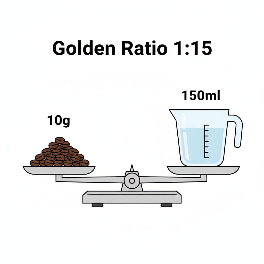天秤（バランススケール）のイラスト。片方にコーヒー豆10g、もう片方にお湯150mlが乗っており、釣り合っている様子。