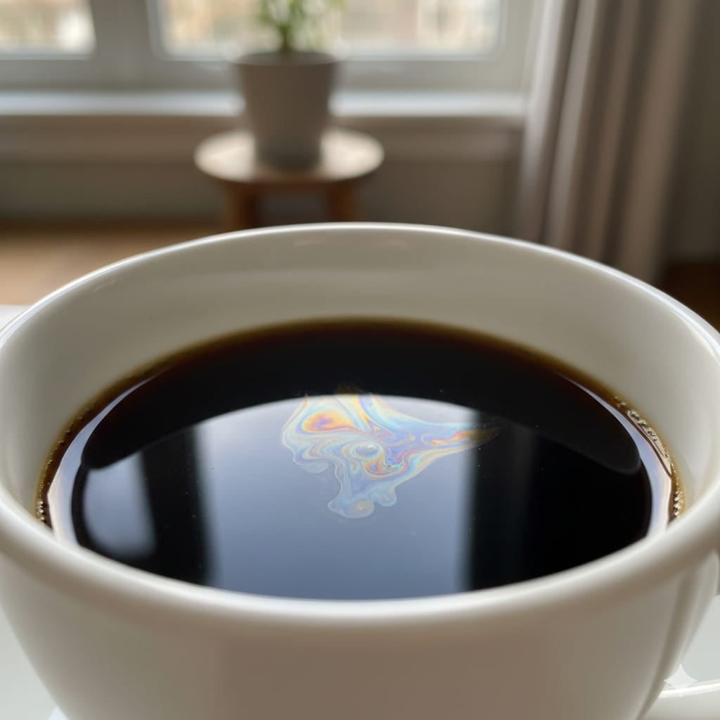 自然光が差し込む明るい場所で撮影された、コーヒーカップの真上からの写真。コーヒー表面の薄い油膜に光が反射し、シャボン玉のように美しい虹色（玉虫色）の模様が見えている。