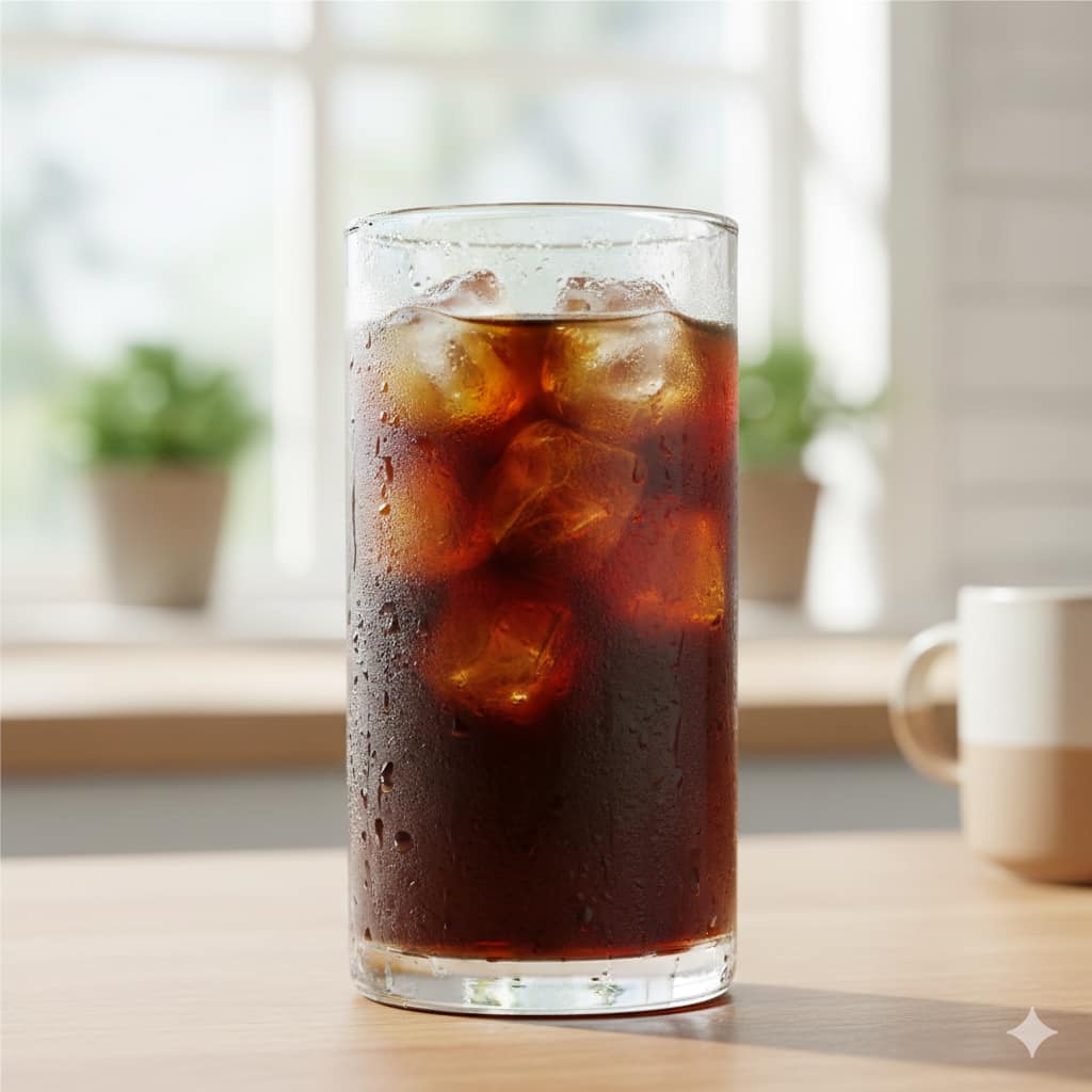 氷がたっぷり入ったグラスに注がれたアイスコーヒー。水滴がグラスについていて冷たそう。