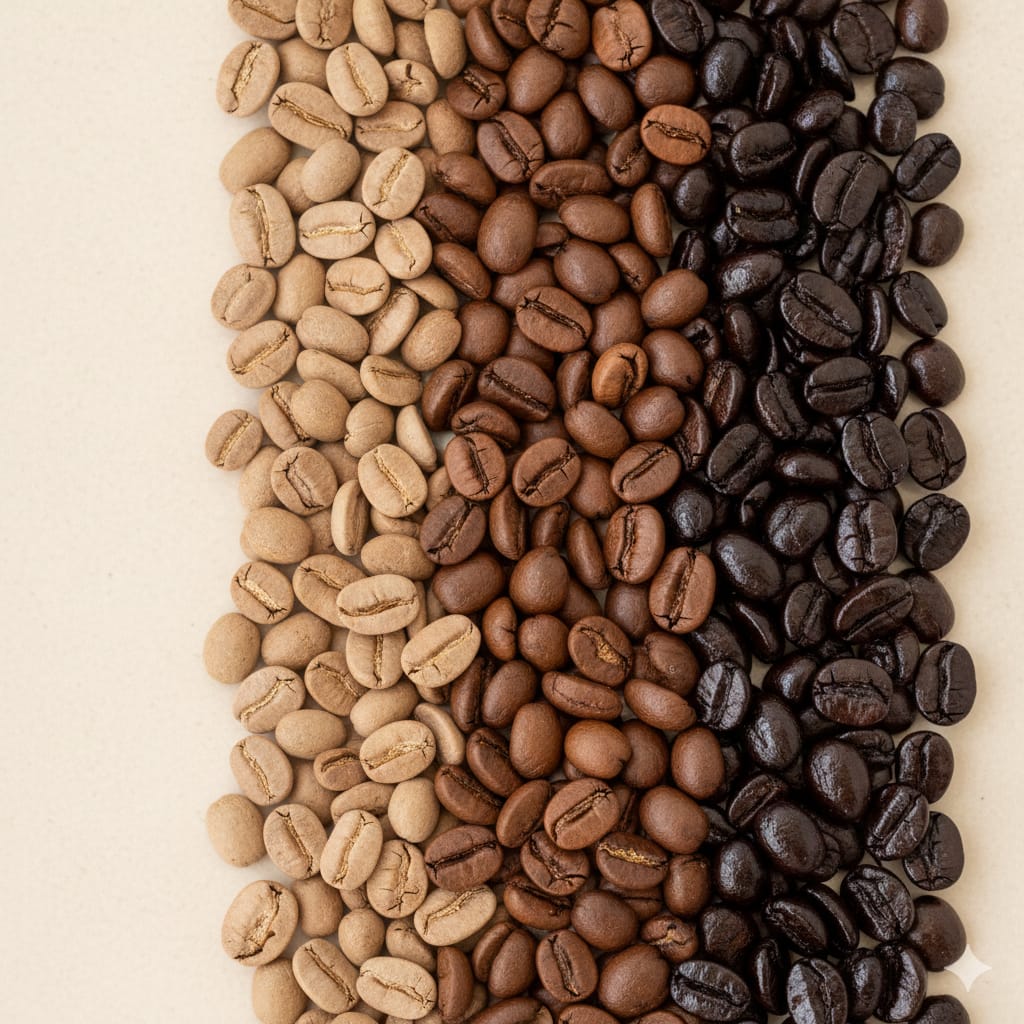 左から右へ、浅煎り（薄茶色）〜中煎り（茶色）〜深煎り（黒褐色）の豆がグラデーションで並んでいる写真。