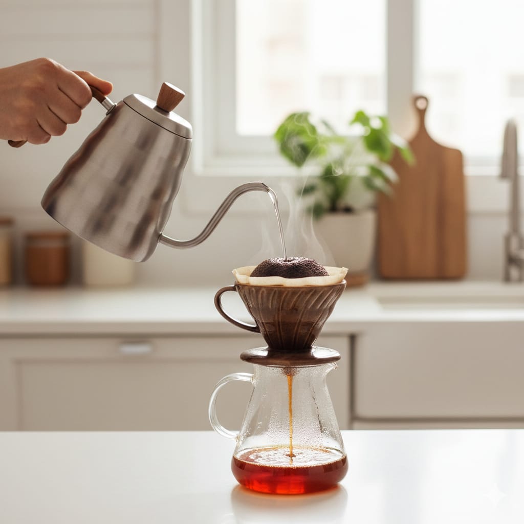 清潔感のあるキッチンで、ハンドドリップで丁寧にコーヒーを淹れている様子の写真。ペーパーフィルターにお湯が注がれ、コーヒー粉がふっくらと膨らんでいる（新鮮さの象徴でもある）瞬間を捉えたもの。