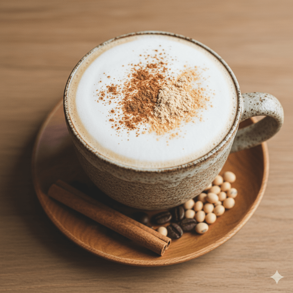 シナモンときな粉をトッピングしたアレンジ豆乳コーヒー