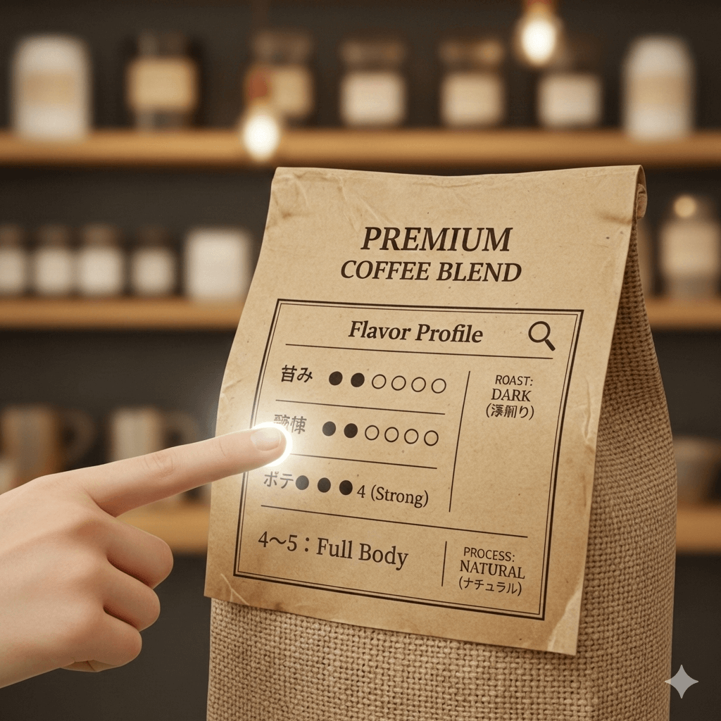 コーヒー豆パッケージのラベルにおけるボディ表記（数値1～5）の見方を解説するイラスト図解。フルボディの例。