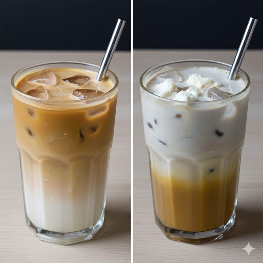 2つのグラスに入ったアイスカフェオレの比較。左は新鮮で綺麗、右は分離して白い塊が浮いている状態。