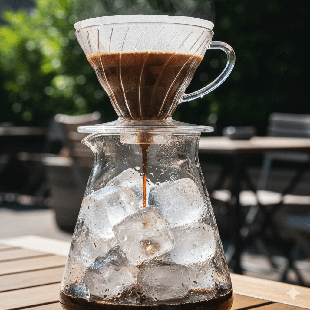 ドリッパーの下に氷をセットして急冷するアイスコーヒー版46メソッドの抽出風景