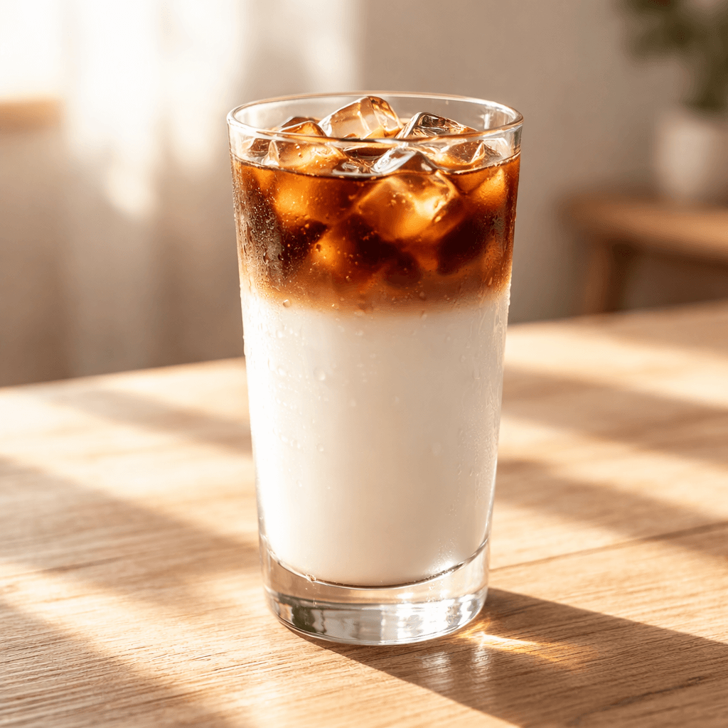 氷を入れたグラスで綺麗に二層に分かれたアイスカフェオレ。おしゃれなおうちカフェ。