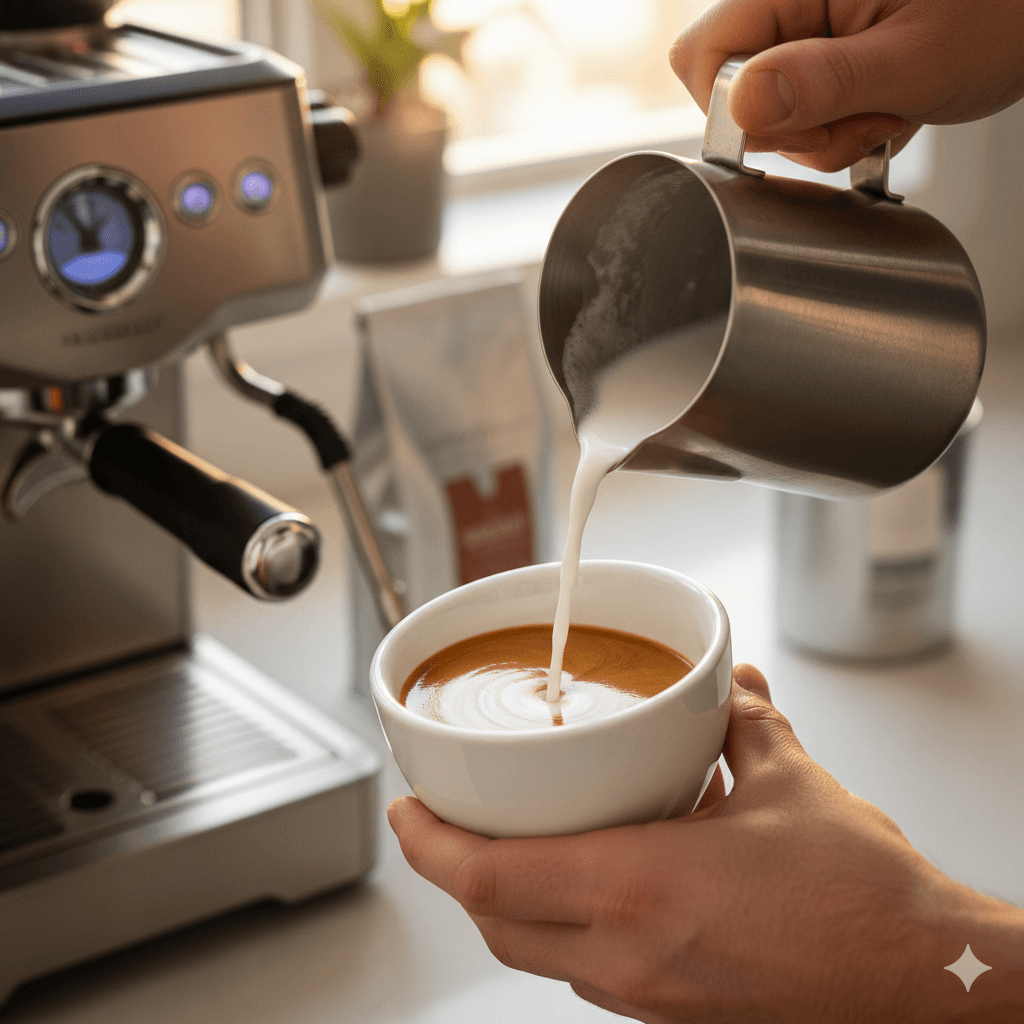 自宅でエスプレッソにきめ細かいスチームミルクを注いで作るフラットホワイト