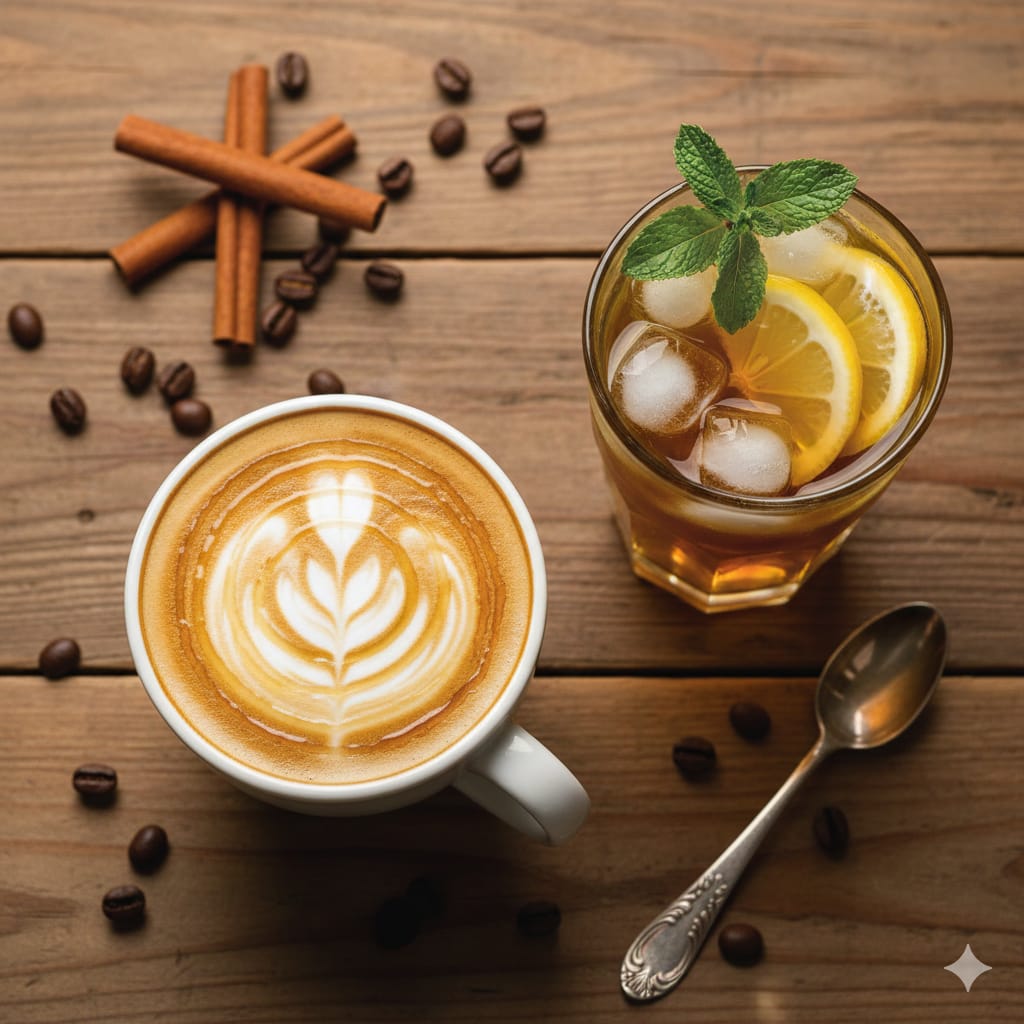 複数のアレンジコーヒー（カフェラテ、レモン入りなど）が並んでいるコラージュ、または代表的な「はちみつカフェラテ」の高品質な写真