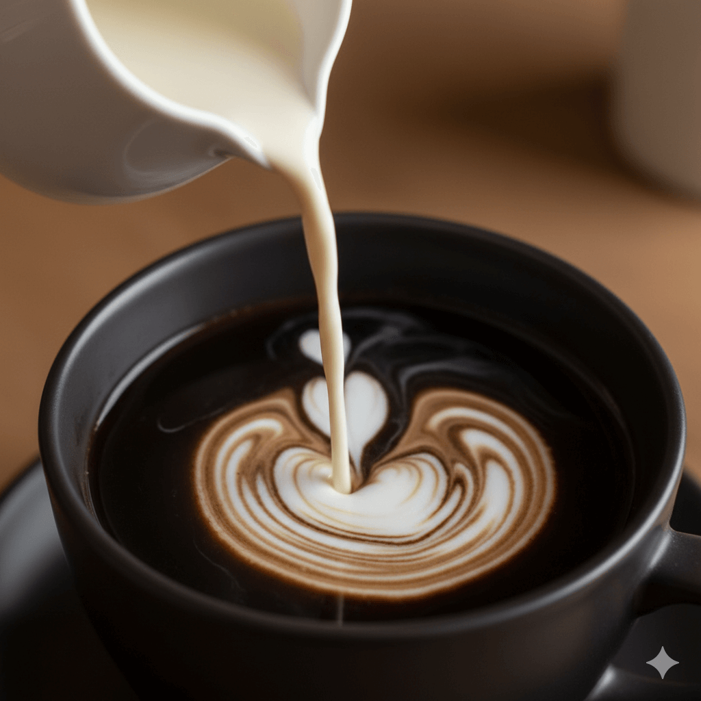 分離を防ぐためにコーヒーへ豆乳をゆっくり注いでいる様子