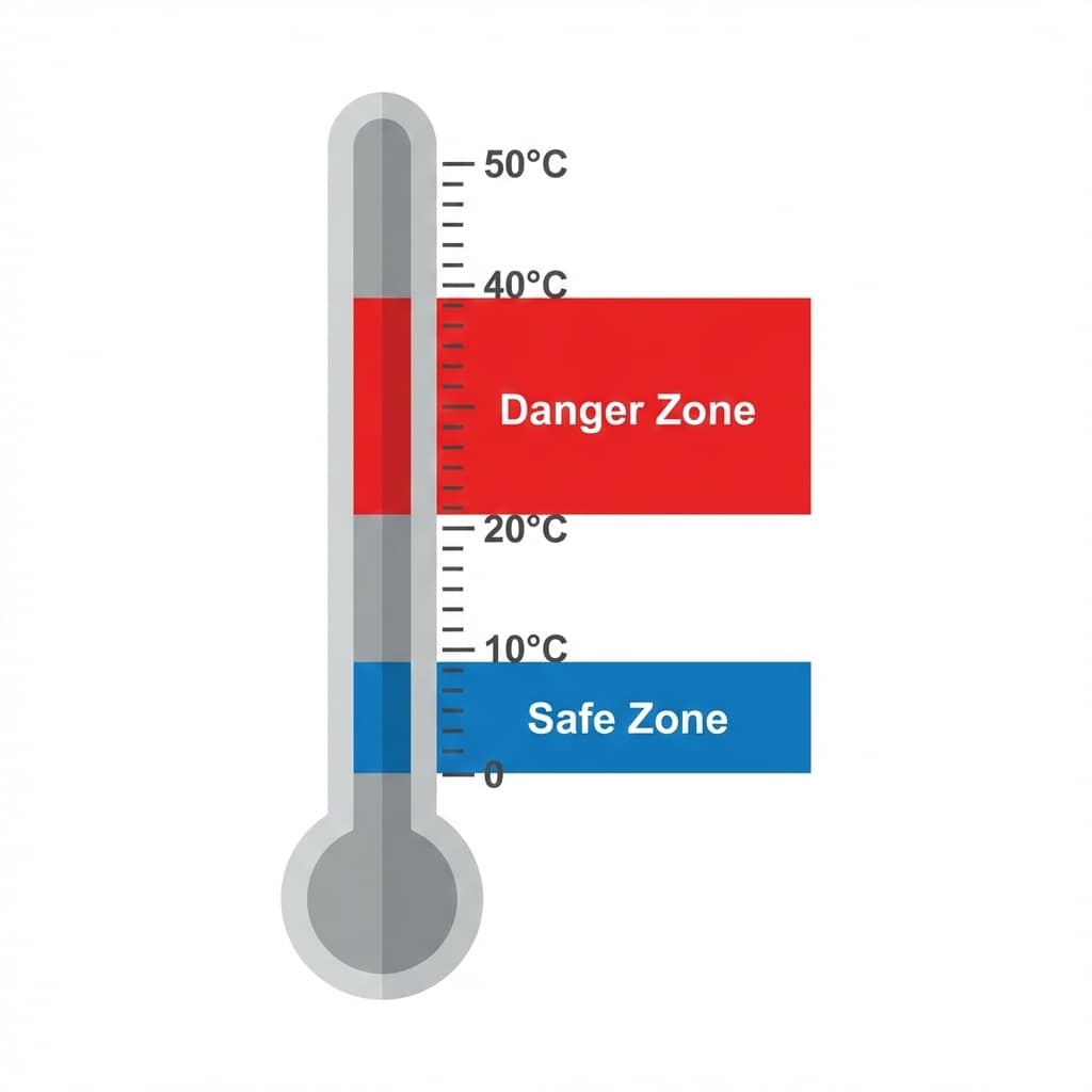 温度計のイラスト。20℃〜40℃の部分が赤く（危険ゾーン）、10℃以下が青く（安全ゾーン）塗られている図。