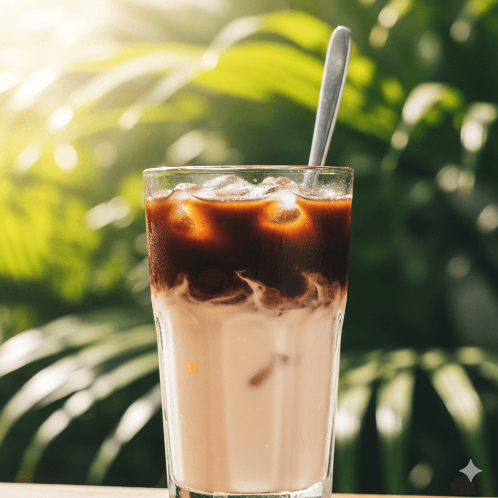 グラスの中で層になったベトナム風ヨーグルトコーヒーと練乳